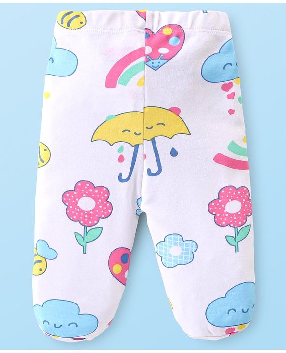 Babyhug Cotton Knit Floral & Sky Printed Footed Leggings Pack of 3 - Yellow White & Pink