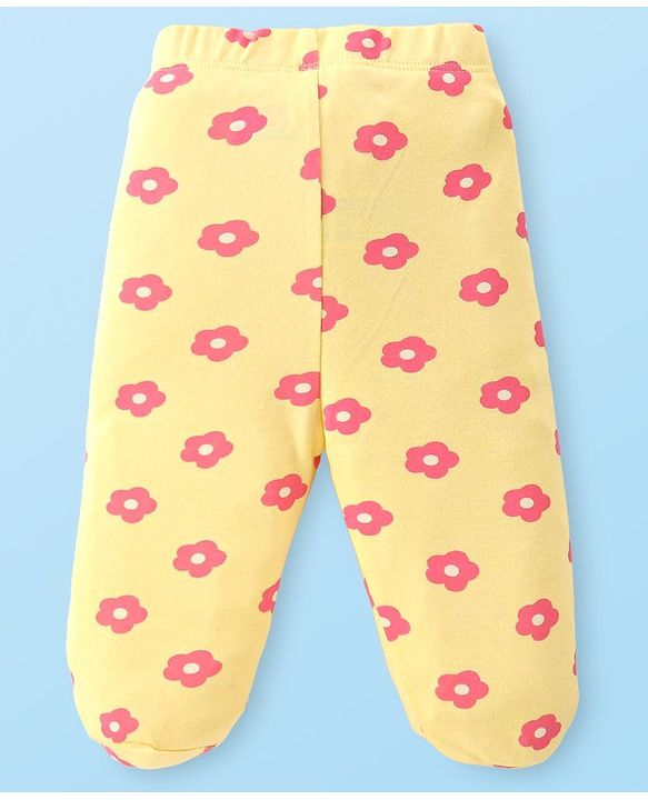 Babyhug Cotton Knit Floral & Sky Printed Footed Leggings Pack of 3 - Yellow White & Pink