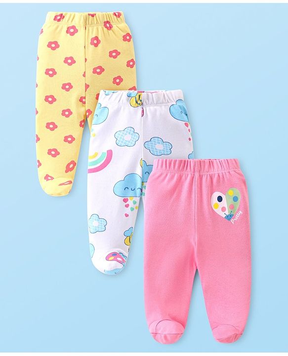 Babyhug Cotton Knit Floral & Sky Printed Footed Leggings Pack of 3 - Yellow White & Pink