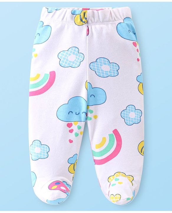 Babyhug Cotton Knit Floral & Sky Printed Footed Leggings Pack of 3 - Yellow White & Pink