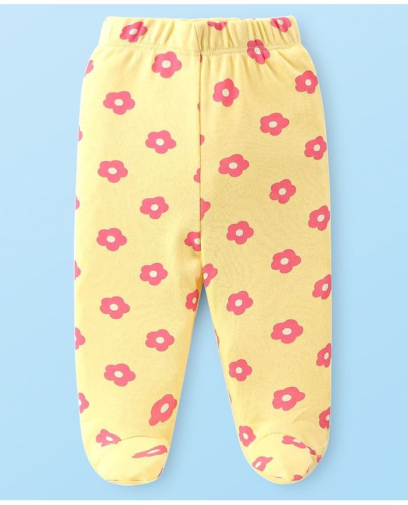 Babyhug Cotton Knit Floral & Sky Printed Footed Leggings Pack of 3 - Yellow White & Pink