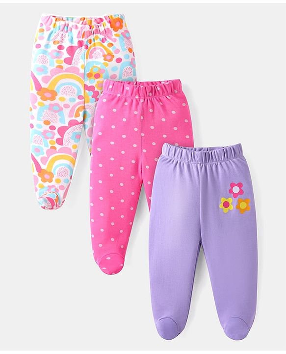 Babyhug Interlock Cotton Knit Bootie Leggings Floral Print Pack of 3 - Pink Purple & White