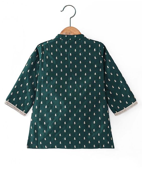 Babyhug Woven Dobby Full Sleeves Foil Printed & Embroidered Kurta Dhoti Set - Dark Green