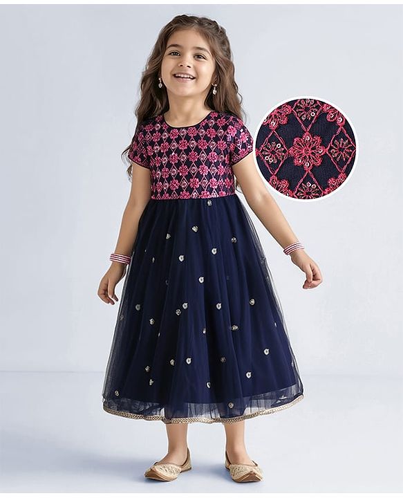 Babyhug Woven Half Sleeves Ethnic Dress With Floral Embroidery & Sequin Detailing  - Navy Blue