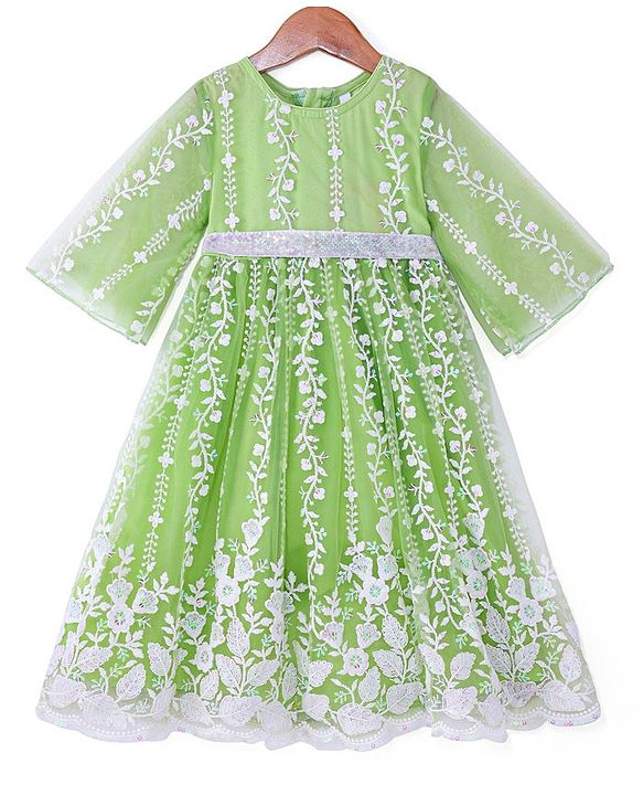 Babyhug Woven Three Fourth Sleeves Floral & Sequin Embroidered Ethnic Dress - Limegreen
