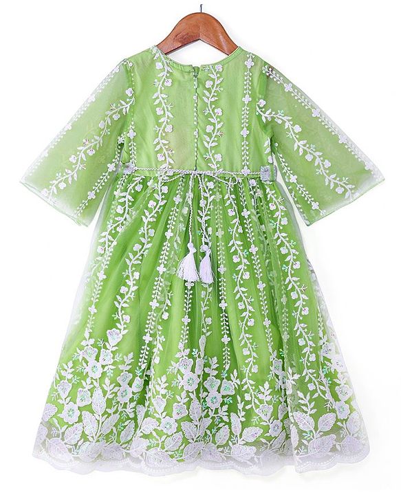 Babyhug Woven Three Fourth Sleeves Floral & Sequin Embroidered Ethnic Dress - Limegreen