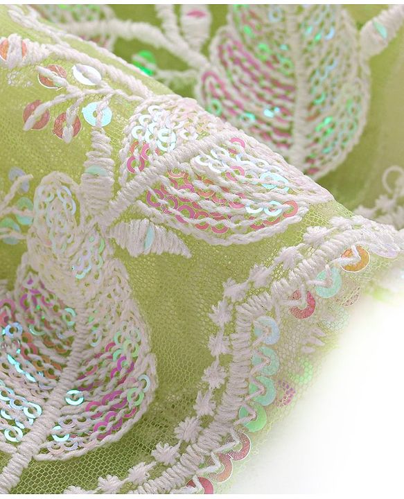 Babyhug Woven Three Fourth Sleeves Floral & Sequin Embroidered Ethnic Dress - Limegreen