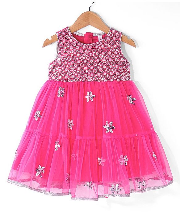 Babyhug Woven Sleeveless Sequin Net Embroidered Ethnic Dress - Pink