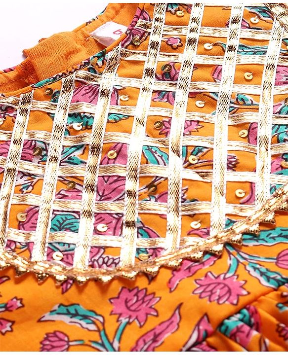 Babyhug Cotton Woven Three Fourth Sleeves Floral Printed Kurti Gharara Set with Dupatta - Orange