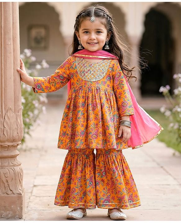 Babyhug Cotton Woven Three Fourth Sleeves Floral Printed Kurti Gharara Set with Dupatta - Orange