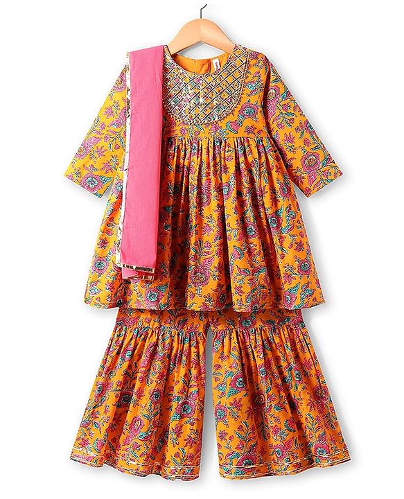 Babyhug Cotton Woven Three Fourth Sleeves Floral Printed Kurti Gharara Set with Dupatta - Orange