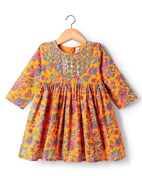 Babyhug Cotton Woven Three Fourth Sleeves Floral Printed Kurti Gharara Set with Dupatta - Orange