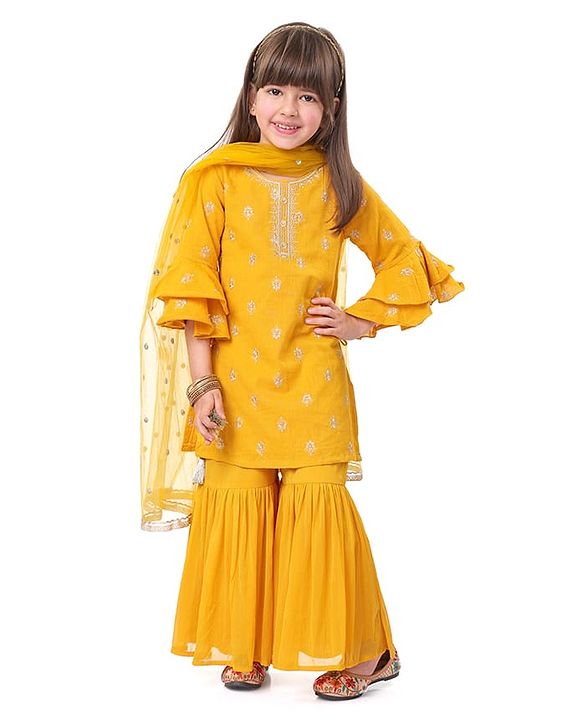 Babyhug Woven Three Fourth Bell Sleeves Kurti Gharara & Dupatta Set with Floral Embroidery - Mustard