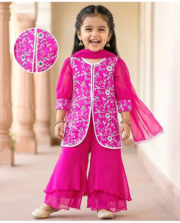 Babyhug Woven Three Fourth Puffed Sleeves Floral Embroidered Kurti Palazzo Set with Dupatta - Pink