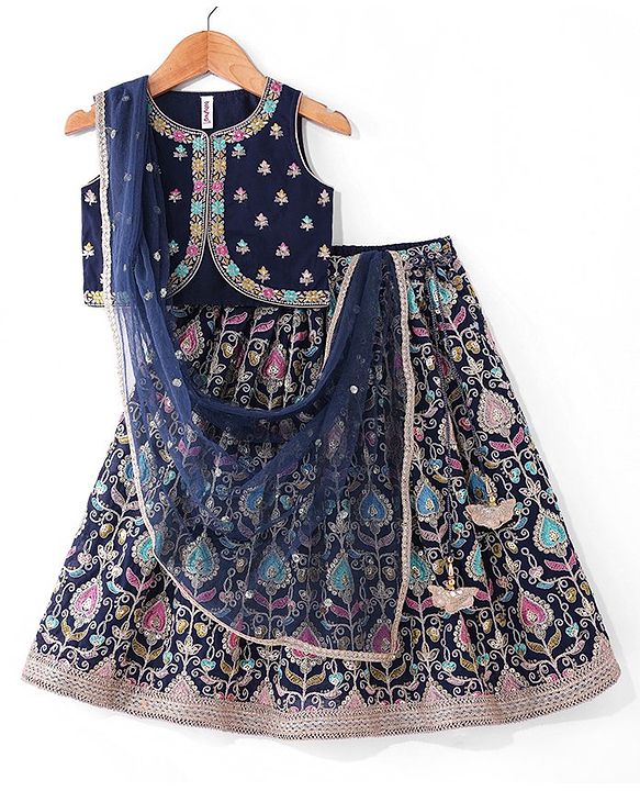 Babyhug Woven Sleeveless  Georgett Sequinned Embroidered Lehenga Choli & Dupatta Set-Navy Blue