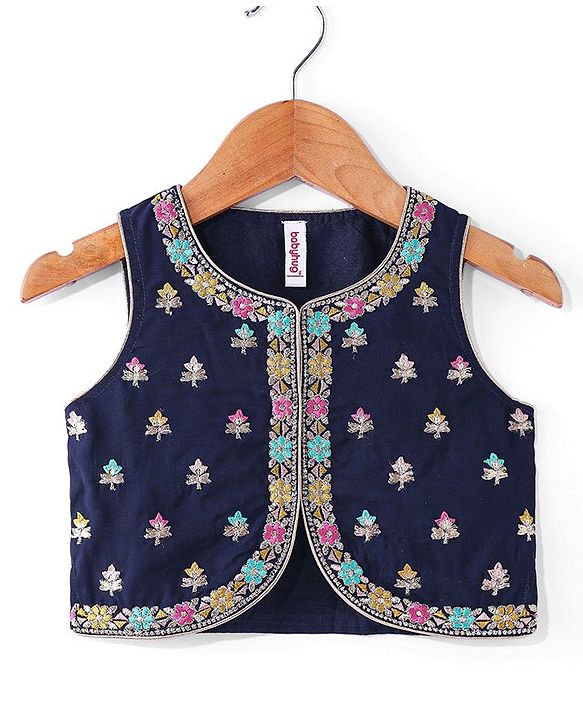 Babyhug Woven Sleeveless  Georgett Sequinned Embroidered Lehenga Choli & Dupatta Set-Navy Blue