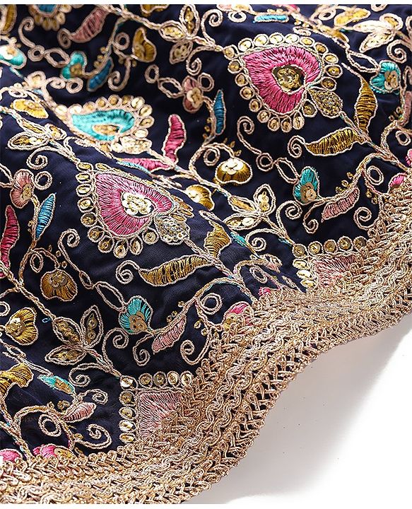 Babyhug Woven Sleeveless  Georgett Sequinned Embroidered Lehenga Choli & Dupatta Set-Navy Blue