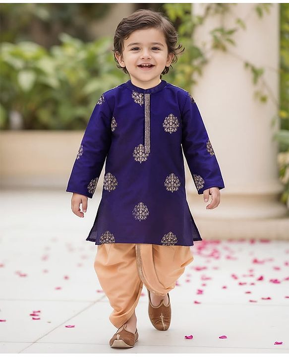 Babyhug Woven Full Sleeves Floral Embroidered Kurta with Dhoti Set - Navy Blue