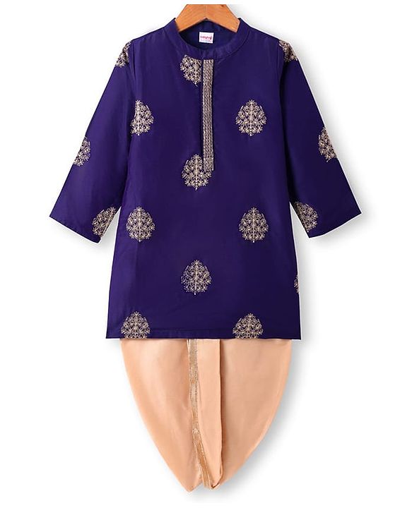 Babyhug Woven Full Sleeves Floral Embroidered Kurta with Dhoti Set - Navy Blue