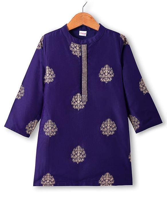 Babyhug Woven Full Sleeves Floral Embroidered Kurta with Dhoti Set - Navy Blue