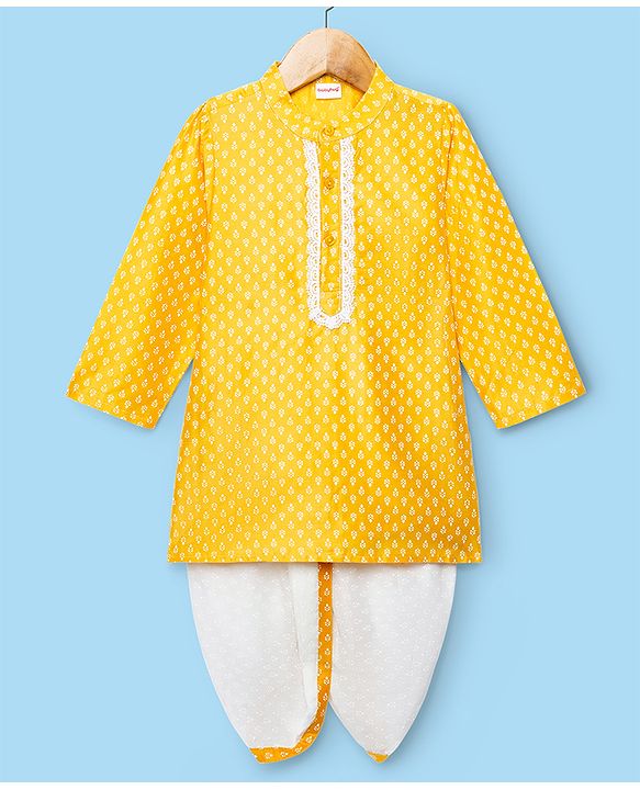 Babyhug Cotton Woven Full Sleeves Printed Kurta Dhoti Set - Yellow