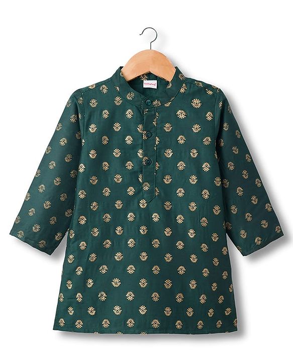 Babyhug Woven Full Sleeves Kurta Dhoti Set With Floral Foil Print - Dark Green