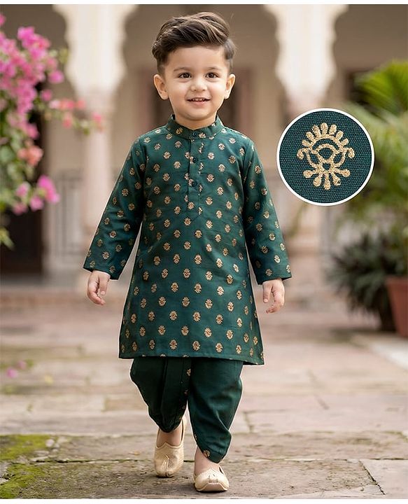 Babyhug Woven Full Sleeves Kurta Dhoti Set With Floral Foil Print - Dark Green