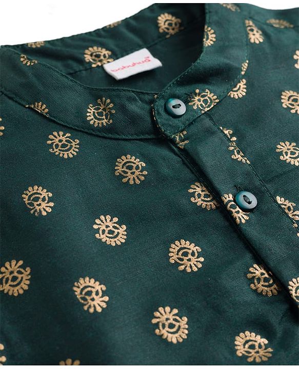 Babyhug Woven Full Sleeves Kurta Dhoti Set With Floral Foil Print - Dark Green
