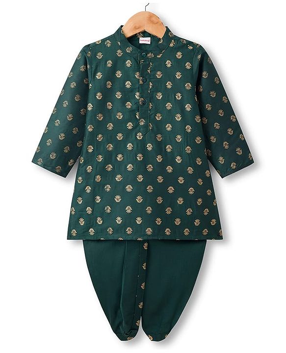 Babyhug Woven Full Sleeves Kurta Dhoti Set With Floral Foil Print - Dark Green