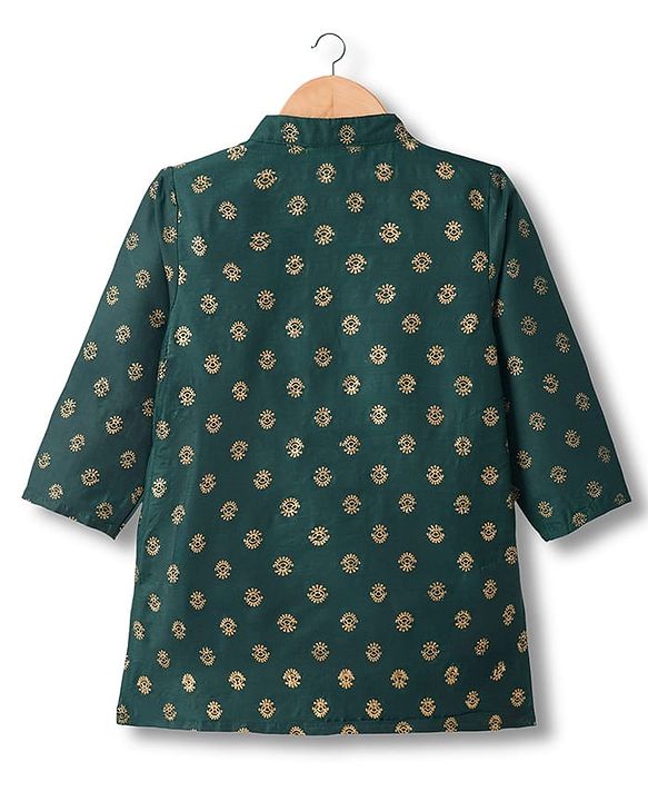 Babyhug Woven Full Sleeves Kurta Dhoti Set With Floral Foil Print - Dark Green