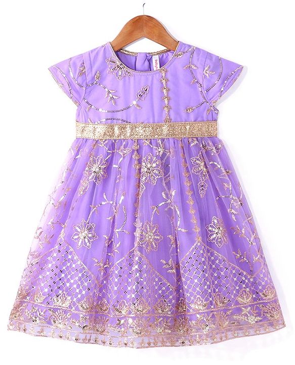 Babyhug Woven Short Sleeves Net Sequin Floral Embroidered Ethnic Dress -  Lavender