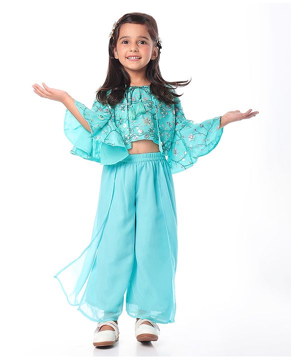 Babyhug Woven Sequinned Top with Palazo & Net Embroidered Bell Sleeves Shrug Set - Aqua