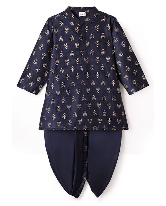 Babyhug Woven Full Sleeves Kurta Dhoti Set with Ethnic Motif Glitter Print - Navy Blue