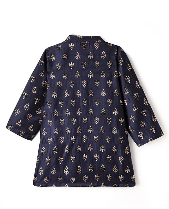 Babyhug Woven Full Sleeves Kurta Dhoti Set with Ethnic Motif Glitter Print - Navy Blue