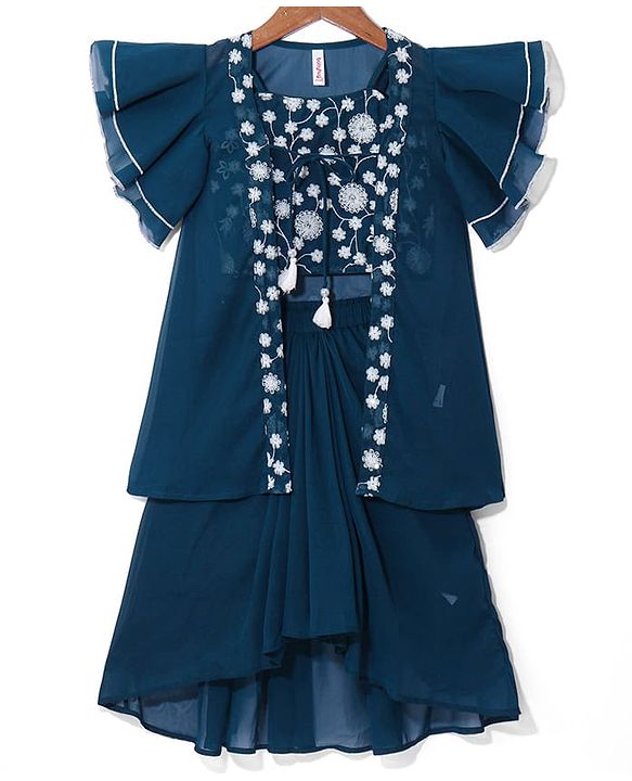 Babyhug Woven Floral Embroidered Lehenga Choli Set with Flutter Sleeves Jacket - Teal
