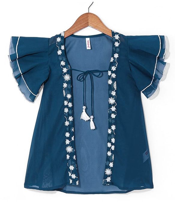 Babyhug Woven Floral Embroidered Lehenga Choli Set with Flutter Sleeves Jacket - Teal