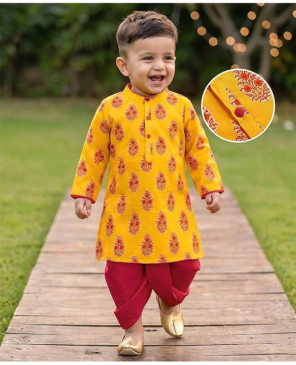 Babyhug Cambric Woven Full Sleeves Floral Printed Kurta Dhoti Set - Mustard & Maroon