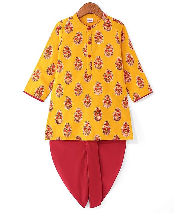 Babyhug Cambric Woven Full Sleeves Floral Printed Kurta Dhoti Set - Mustard & Maroon