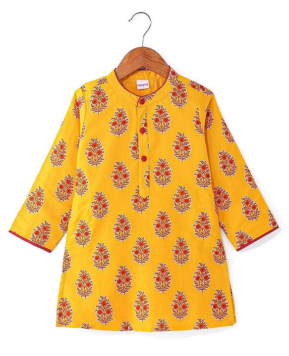 Babyhug Cambric Woven Full Sleeves Floral Printed Kurta Dhoti Set - Mustard & Maroon