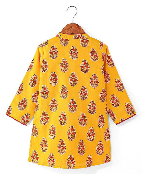 Babyhug Cambric Woven Full Sleeves Floral Printed Kurta Dhoti Set - Mustard & Maroon