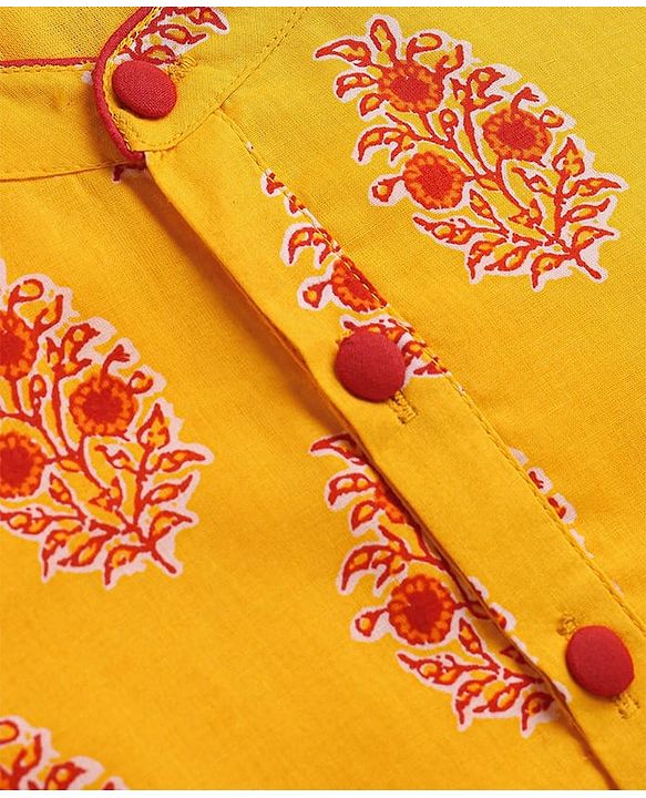 Babyhug Cambric Woven Full Sleeves Floral Printed Kurta Dhoti Set - Mustard & Maroon