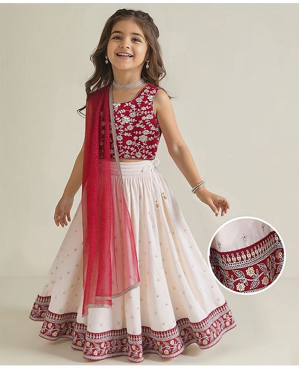 Babyhug Woven Sleeveless Floral Sequin  Embroidered Choli with Brocade Lehenga & Dupatta Set - Red & Off White