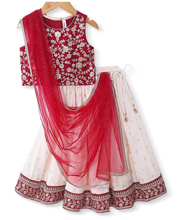 Babyhug Woven Sleeveless Floral Sequin  Embroidered Choli with Brocade Lehenga & Dupatta Set - Red & Off White