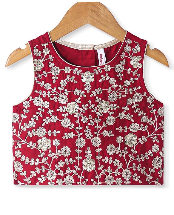 Babyhug Woven Sleeveless Floral Sequin  Embroidered Choli with Brocade Lehenga & Dupatta Set - Red & Off White