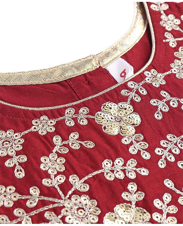 Babyhug Woven Sleeveless Floral Sequin  Embroidered Choli with Brocade Lehenga & Dupatta Set - Red & Off White
