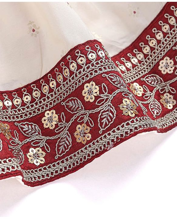Babyhug Woven Sleeveless Floral Sequin  Embroidered Choli with Brocade Lehenga & Dupatta Set - Red & Off White