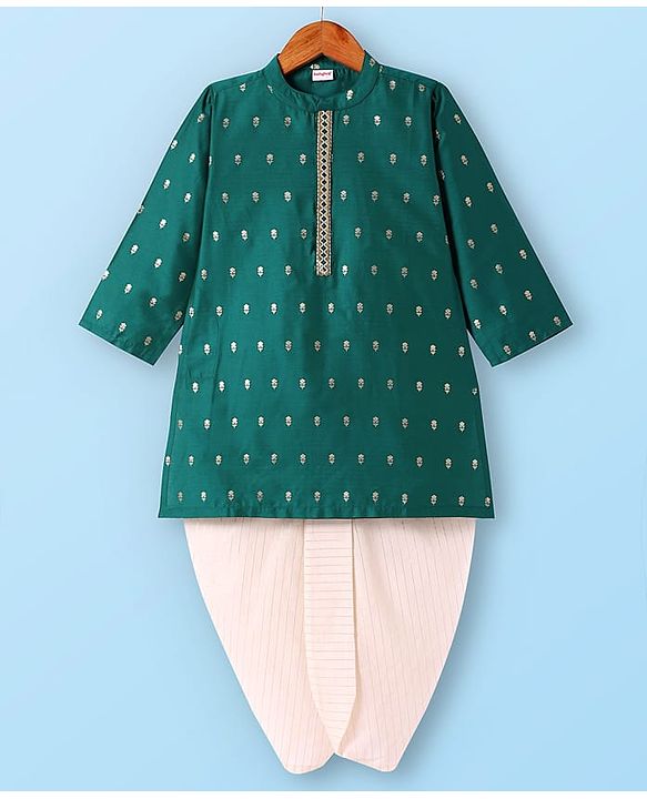 Babyhug Woven Brocade Foil Printed Full Sleeves Kurta Dhoti Set - Dark Green