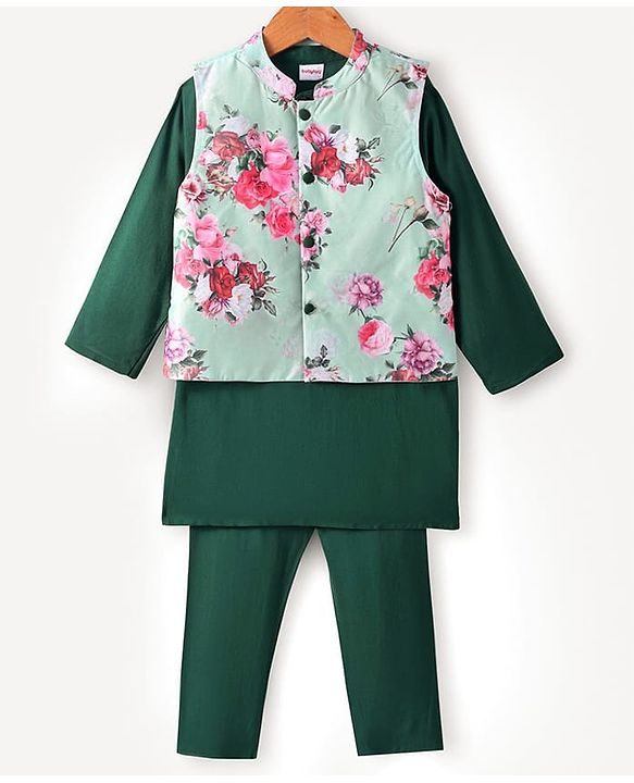 Babyhug Woven Full Sleeves Solid Color Kurta Pyjama Set with Floral Printed Nehru Jacket - Dark Green