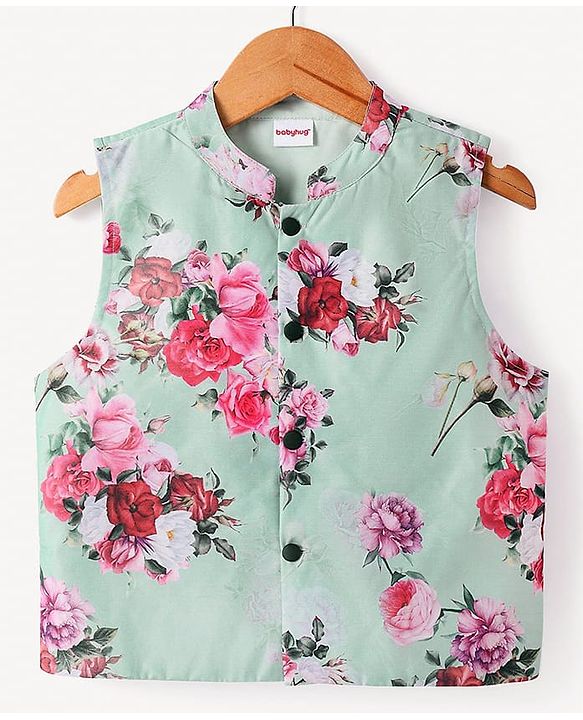 Babyhug Woven Full Sleeves Solid Color Kurta Pyjama Set with Floral Printed Nehru Jacket - Dark Green
