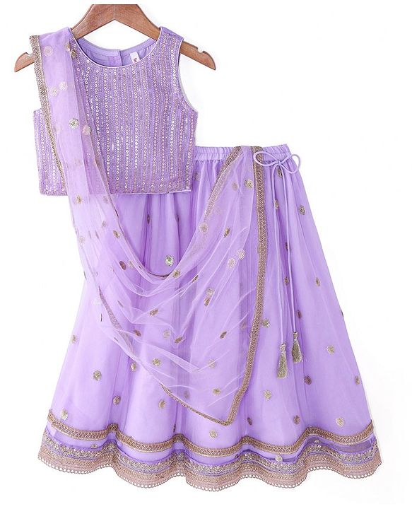 Babyhug Woven Sleeveless Sequined Embroidered Choli Lehenga Set with Net Dupatta & Lace Detailing - Lilac